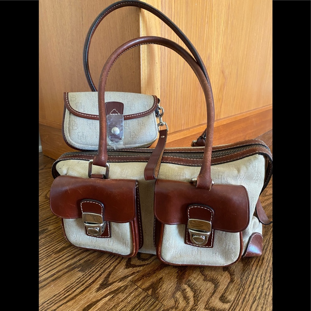 Dooney & Bourke Beige/Leather Double-Pocket Tote